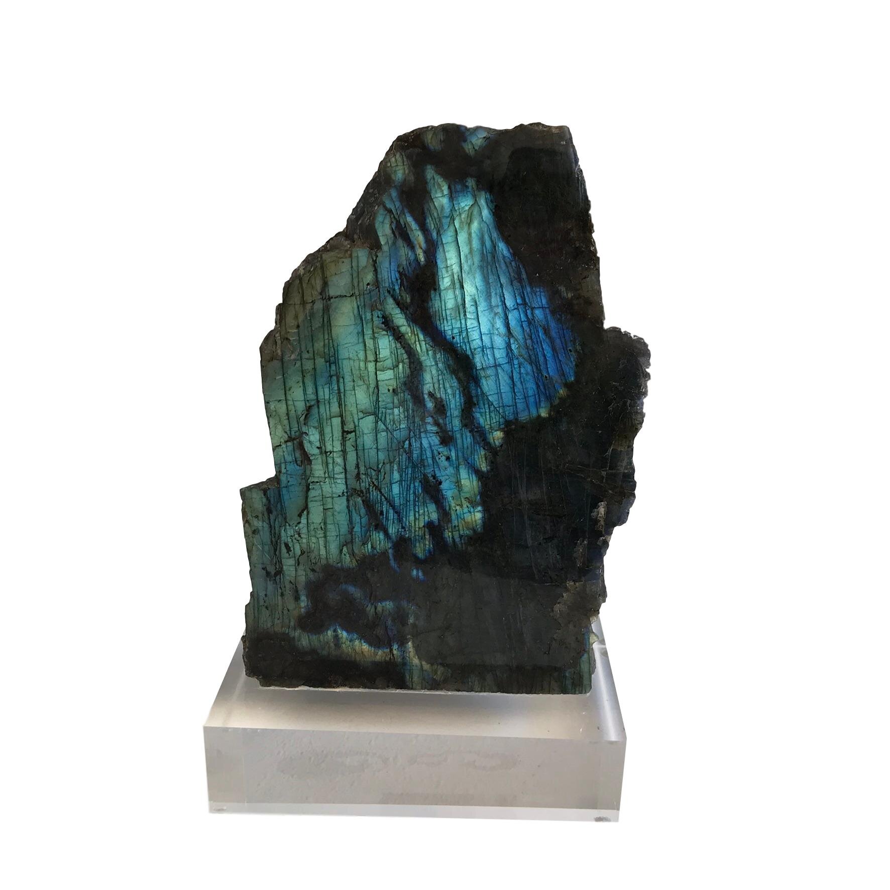 Labradorite on Lucite Stand, Blue/Green Tall