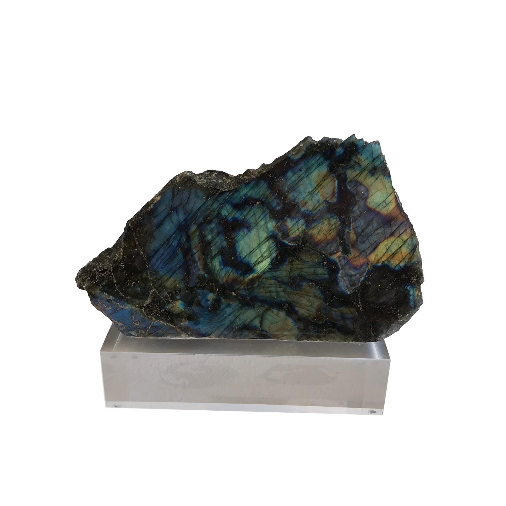Labradorite on Lucite Stand, Blue/Green Low
