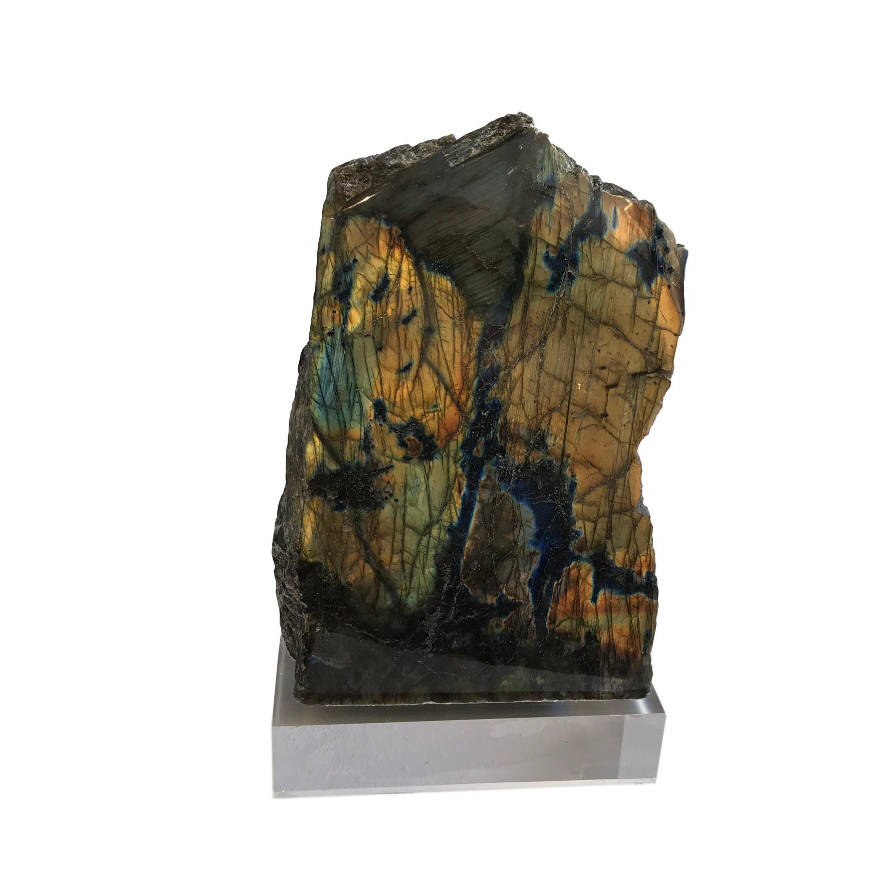 Labradorite on Lucite Base, Gold/Blue Tall