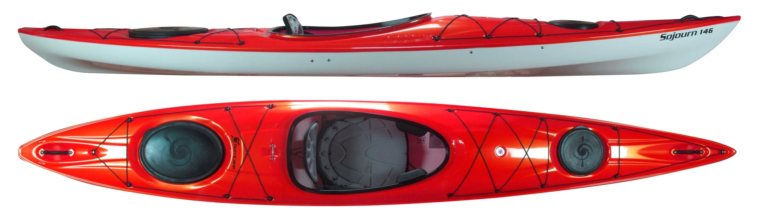 Sojourn 126, 135, 146 and 146 LV: Hurricanes day touring series. THE SOJOURN 126 is a day touring kayak for smaller paddlers who like performance in a nifty little package. At 12 feet 6 inches long and only 43 lbs, this sleek little beauty is blast to paddle and a pleasure to carry. THE SOJOURN 135 is a day touring kayak for the masses that offers high initial stability pared with excellent speed and agility. At 13 feet 5 inches long, this Sojourn is long enough to hold its own against most kayaks you'll encounter on the water and short enough to easily hang on the garage wall.THE SOJOURN 146 and 146 LV are the premier models in the Sojourn series and, at 14 feet 6 inches long, offer excellent speed and tracking in a package that also navigates tight turns with ease. All sojourns are outfitted with our Airestream seat system and adjustable thigh braces, so these boats are super comfortable too.