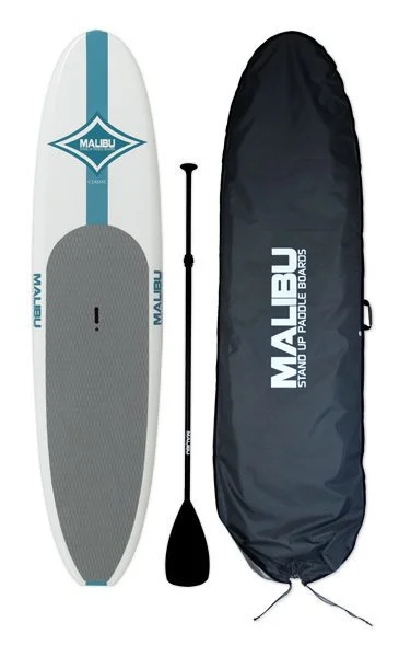 Malibu Classic: 10'8" The Malibu EPX Classic SUP is the perfect stand up paddle board for first-time riders looking for a complete package with all the necessary components included: The Malibu package includes the board, a board bag, an adjustable aluminum paddle, and a fin. It comes with a standard single 9 in. fin box that will accept any standard fiberglass fin, and it has a center mounted hanged for easy pick up and carry. The Malibu Classic is ideal for both flat water and chop, providing a stable platform for any first timer to get their bearings on a SUP. 