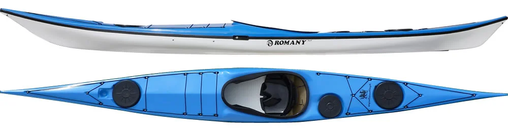 Romany Surf: A responsive kayak that surfs well for the medium to large sized paddler. The hull design offers high stability and the shaped foredeck allows for large feet up to size 11/12 (Europe 46,5). Designed for rough water and ease of handling in conditions. The kayak has a wider keyhole cockpit than any other British made fibreglass sea kayak and has more volume in the rear compartments than the Romany Classic. In stock Romany Surf colors.