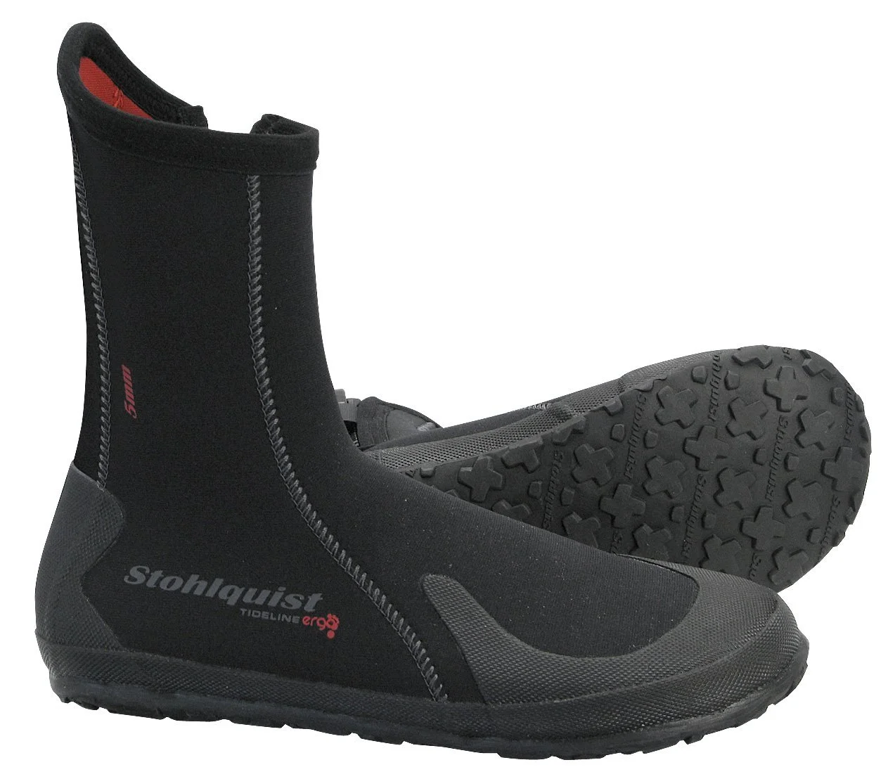 Stohlquist Tideline Boot: The Tideline features a 5mm neoprene upper, heavy-duty zipper, and gusseted zipper opening which helps to reduce water exchange. The thick rubber outsole features a proprietary Stohlquist tread pattern for outstanding traction. The ergonomic shape, which echoes the natural shape of the foot, allows for the best possible fit and comfort in a paddling boot. The Ergo™ shape also helps to increase the overall warmth of the boot, by contouring the foot and minimizing water pockets.