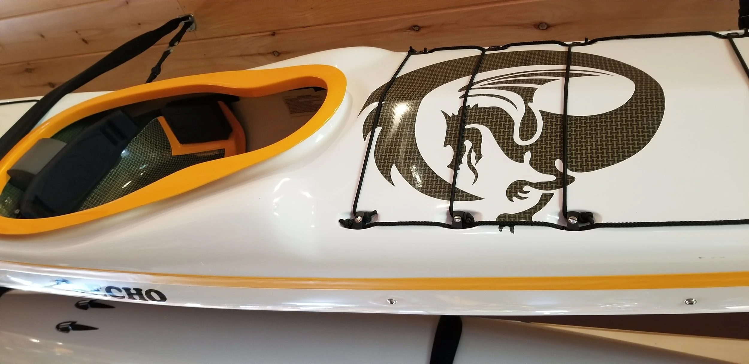 Echo: The Echo is Nigel Dennis Kayak’s new expedition and play kayak for smaller paddlers, designed to handle well in surf and rough water. The Echo was designed in response to the growing number of paddlers who wanted a lower-volume Pilgrim Expedition. Image above is in stock Echo (50/50 layup, 2018).