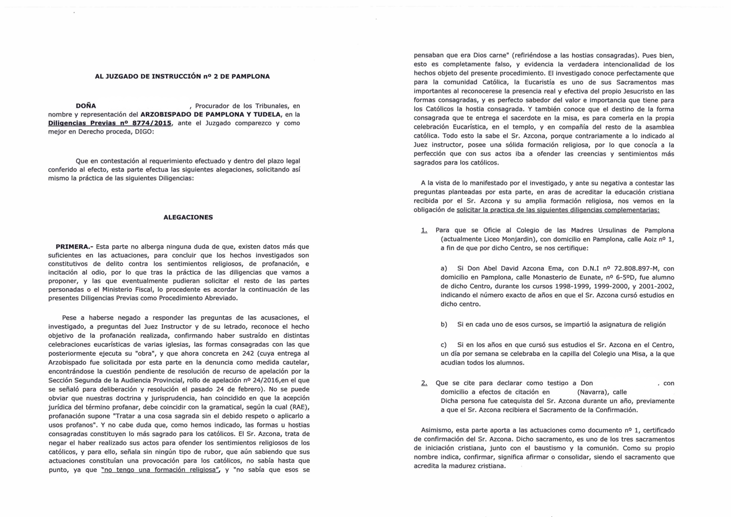 Nuevas alegaciones del 29 de Febrero de 2017 del Arzobispado de Pamplona y Tudela posteriores a la comparecencia del artista Abel Azcona en el Palacio de Justicia. PDF completo .