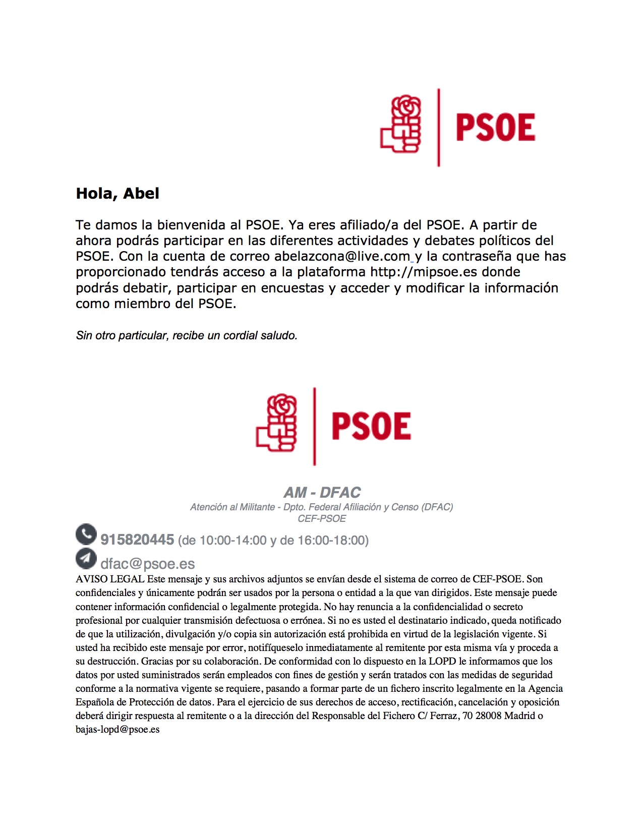 Carta de bienvenida a Abel Azcona del Partido Socialista.