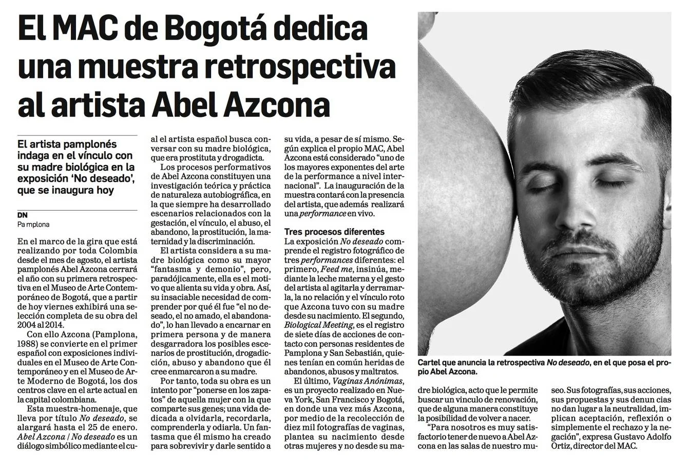 Noticia sobre la exposición retrospectiva de Abel Azcona en el Museo de Arte Contemporáneo de Bogotá.
