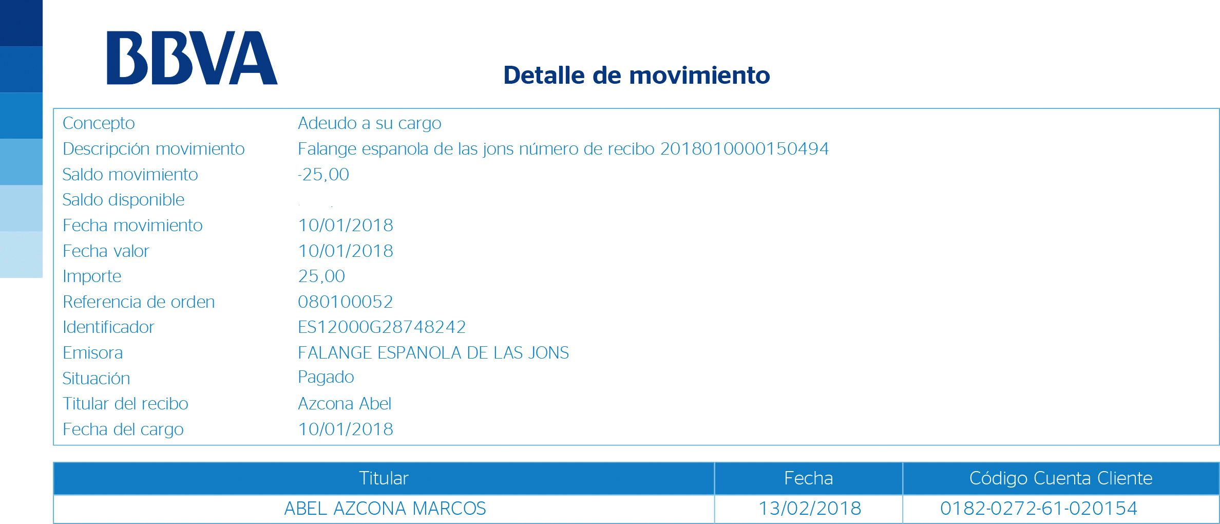 Cuota mensual de Falange Española cobrada al afiliado Abel Azcona.