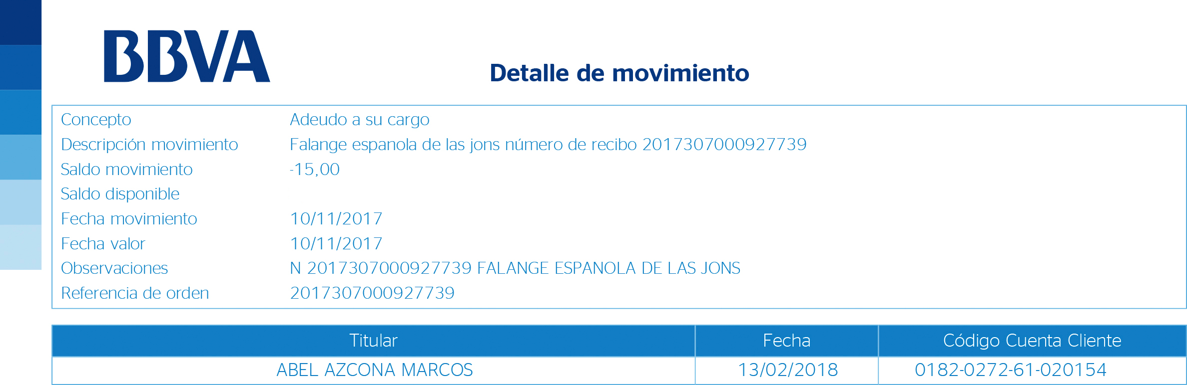 Cuota mensual de Falange Española cobrada al afiliado Abel Azcona.