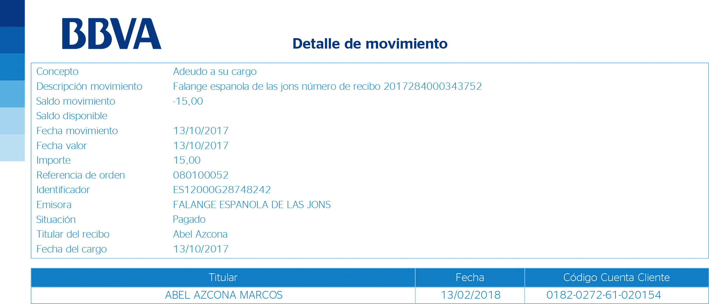 Cuota mensual de Falange Española cobrada al afiliado Abel Azcona.