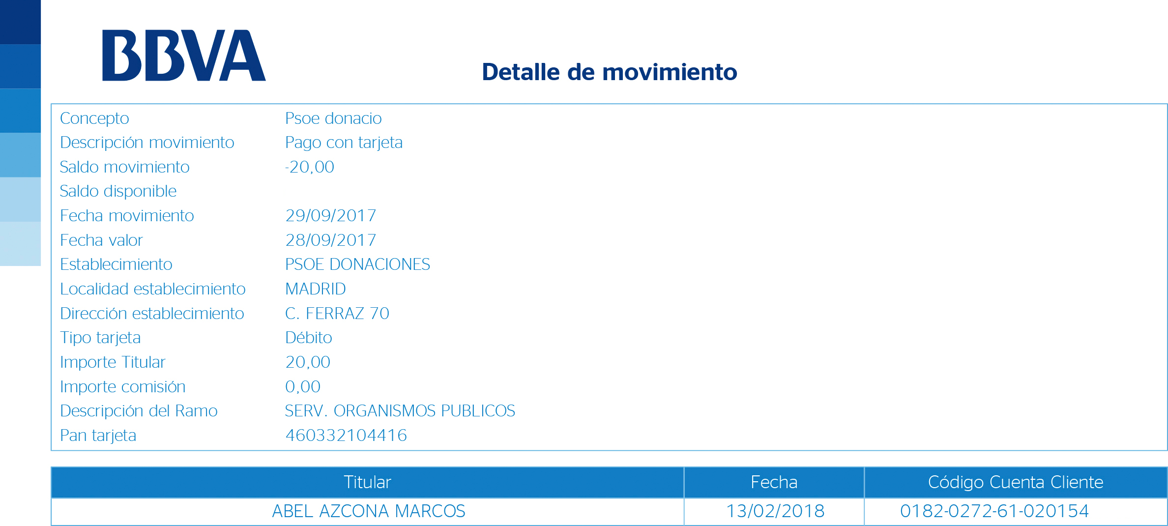 Donación / Cuota al PSOE cobrada al afiliado Abel Azcona.