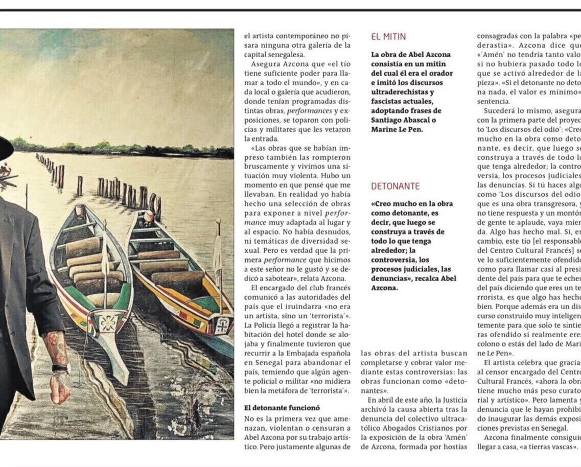 Reportage dedicated to artist Abel Azcona after the cancellation of his three exhibitions and performances at the National Gallery of Arts in Dakar, Senegal when the action "The Hate Speeches" was activated the first day in the French cultural cente…