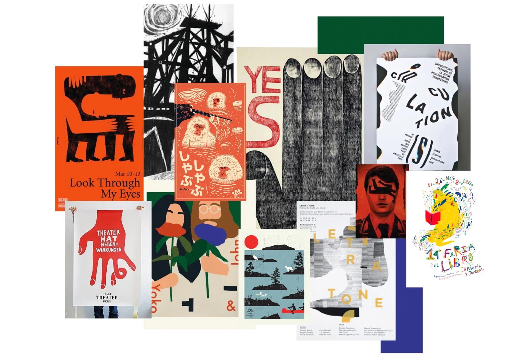 An early moodboard of our desired aesthetic; we were especially interested in the use of a woodcut or screen printed style.