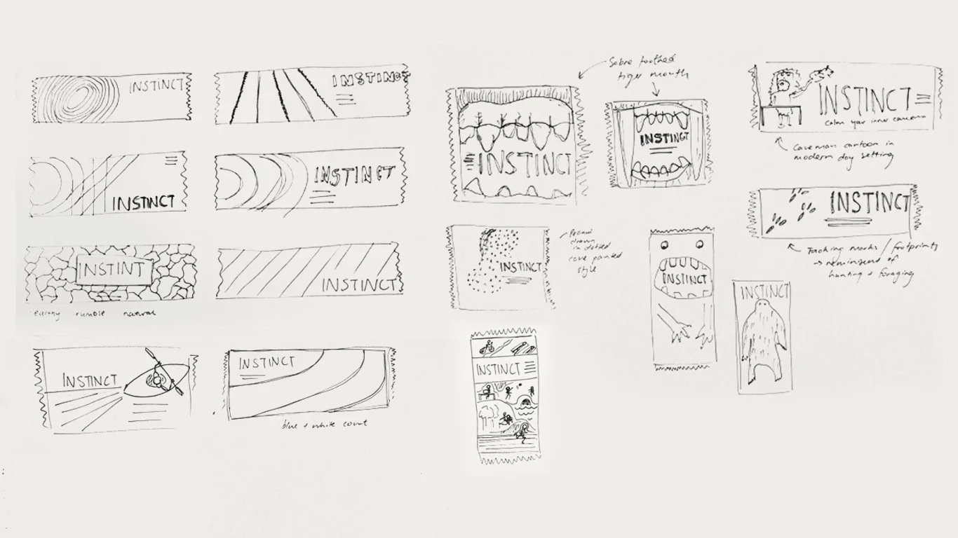 Early sketches of packaging concepts for this protein packed and energetic bar. We explored imagery such as abstracting sports fields, cavemen, and primal creatures.