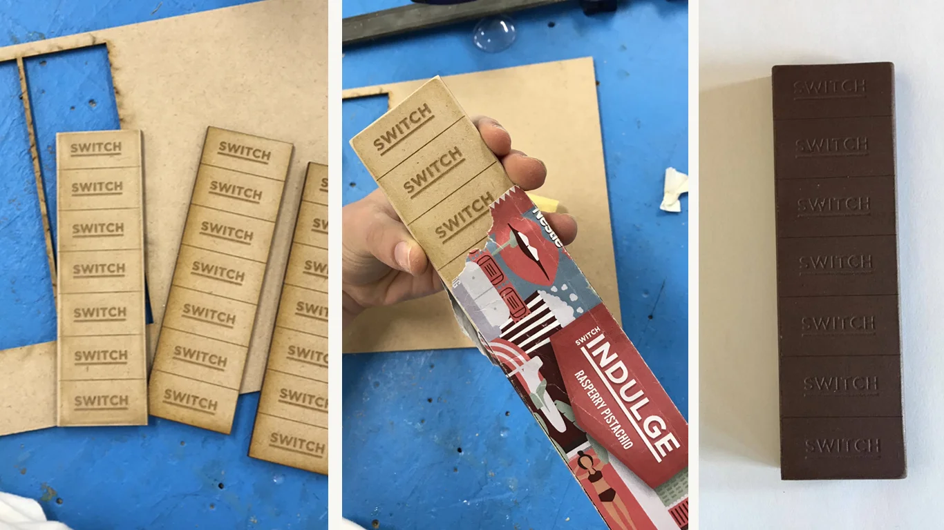 To prototype our final bars we laser cut wood to create the ‘chocolate’. This allowed us to ensure the functionality of the packaging in its three-dimensional form.