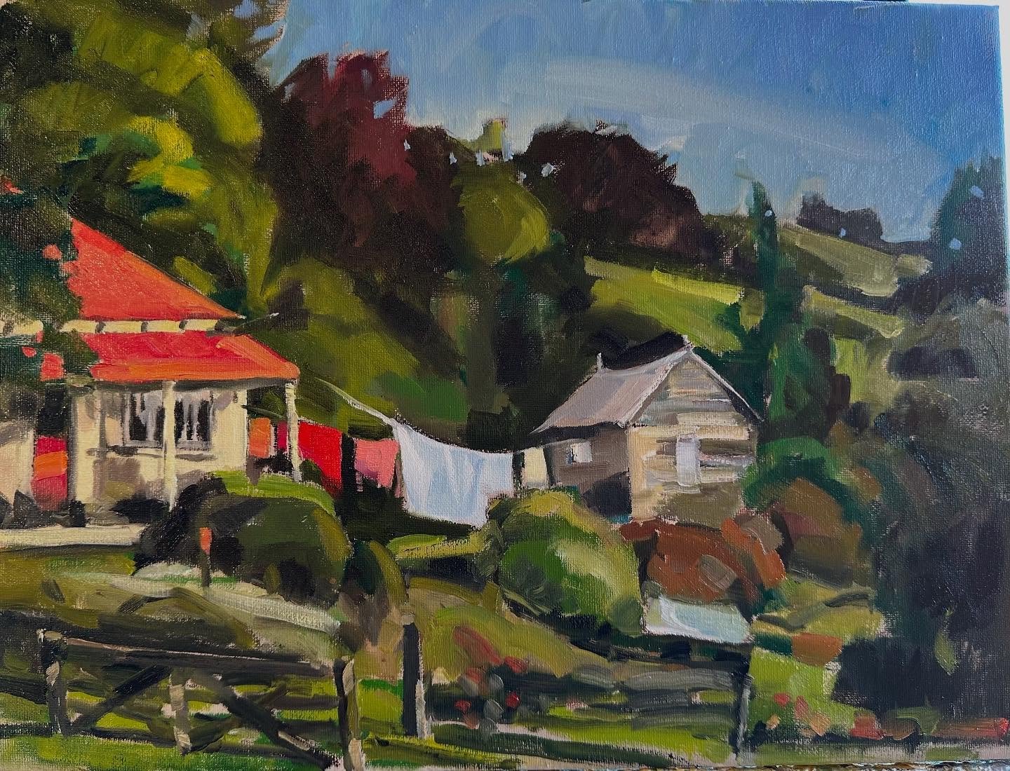 A cute house with the washing hanging on the line in Takamatua #oil on canvas #plein air and studio #Akaroa #christchurch #southisland #newzealand #landscape #lovepainting🎨