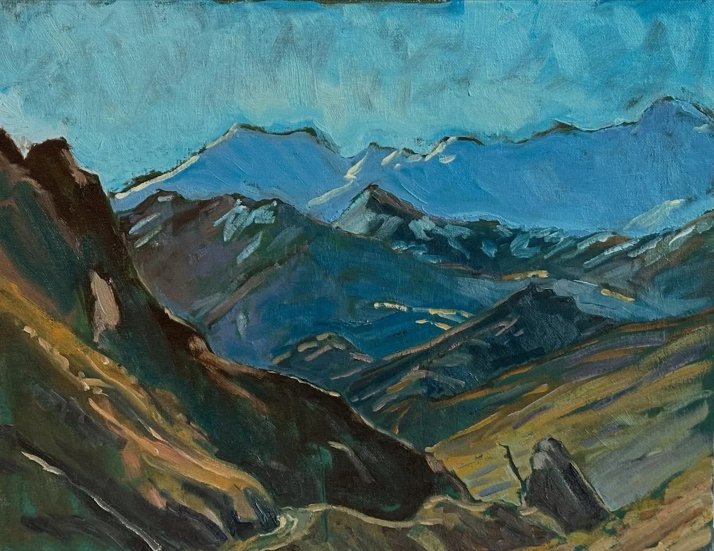 Pleinair yesterday at my new favorite spot from Coronet Peak#awesome blue sky no wind#oil#afternoon after a mornings ski#snow is good and weather too#lovepainting🎨 loveskiing⛷️