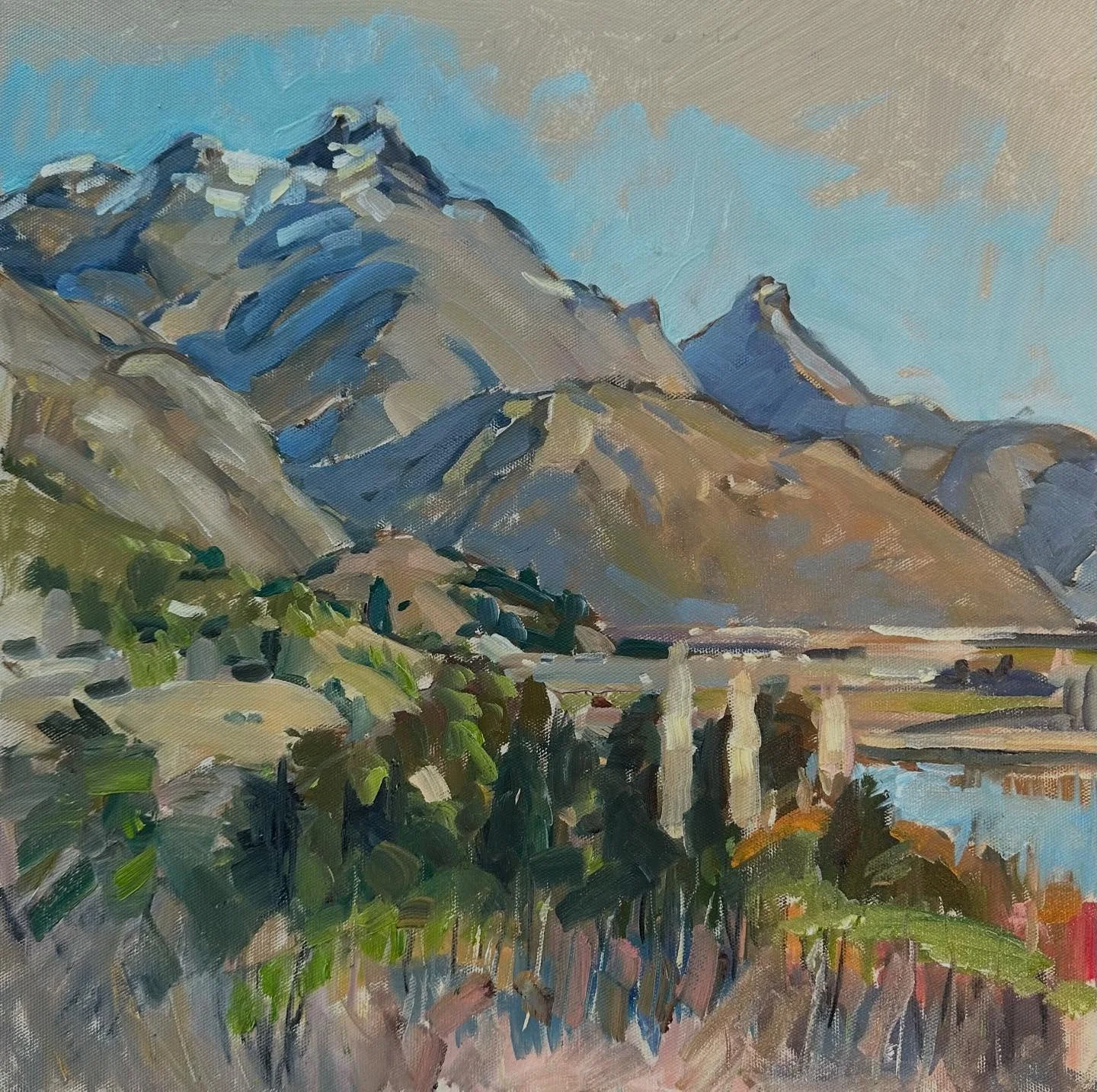 Yesterday afternoon pleinair in oils #from the junction near Arrowtown #landscape and mountains #a little touch of snow #southisland #newzealand #lovepainting🎨