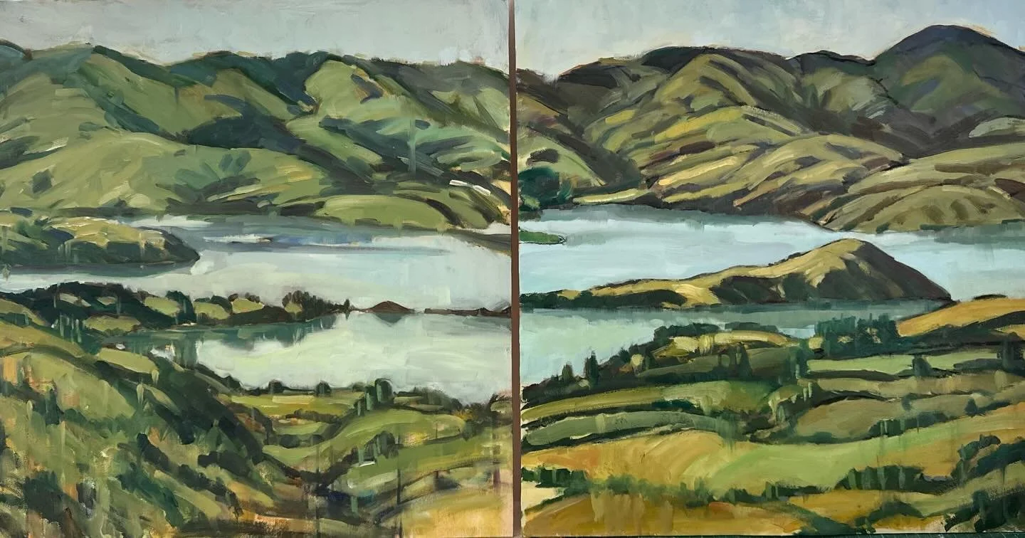 Playing with my 2 paintings, some adjustments mean they sit together as a diptich! Love the hills here this one from the top of the hill. Oil 2 by 18&rdquo; love painting🎨👍