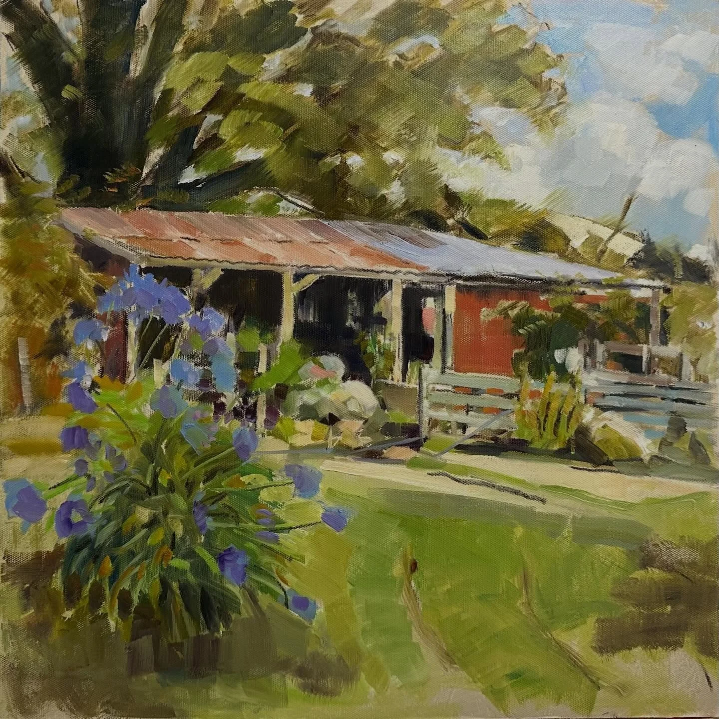 Two pleinair paintings today in oil on canvas board. Takamatua property of Georgia&rsquo;s&hellip; wonderful garden and farm buildings complete with horses grazing&hellip; the cottage surrounded by masses of flowers and fruit trees. So many paintable