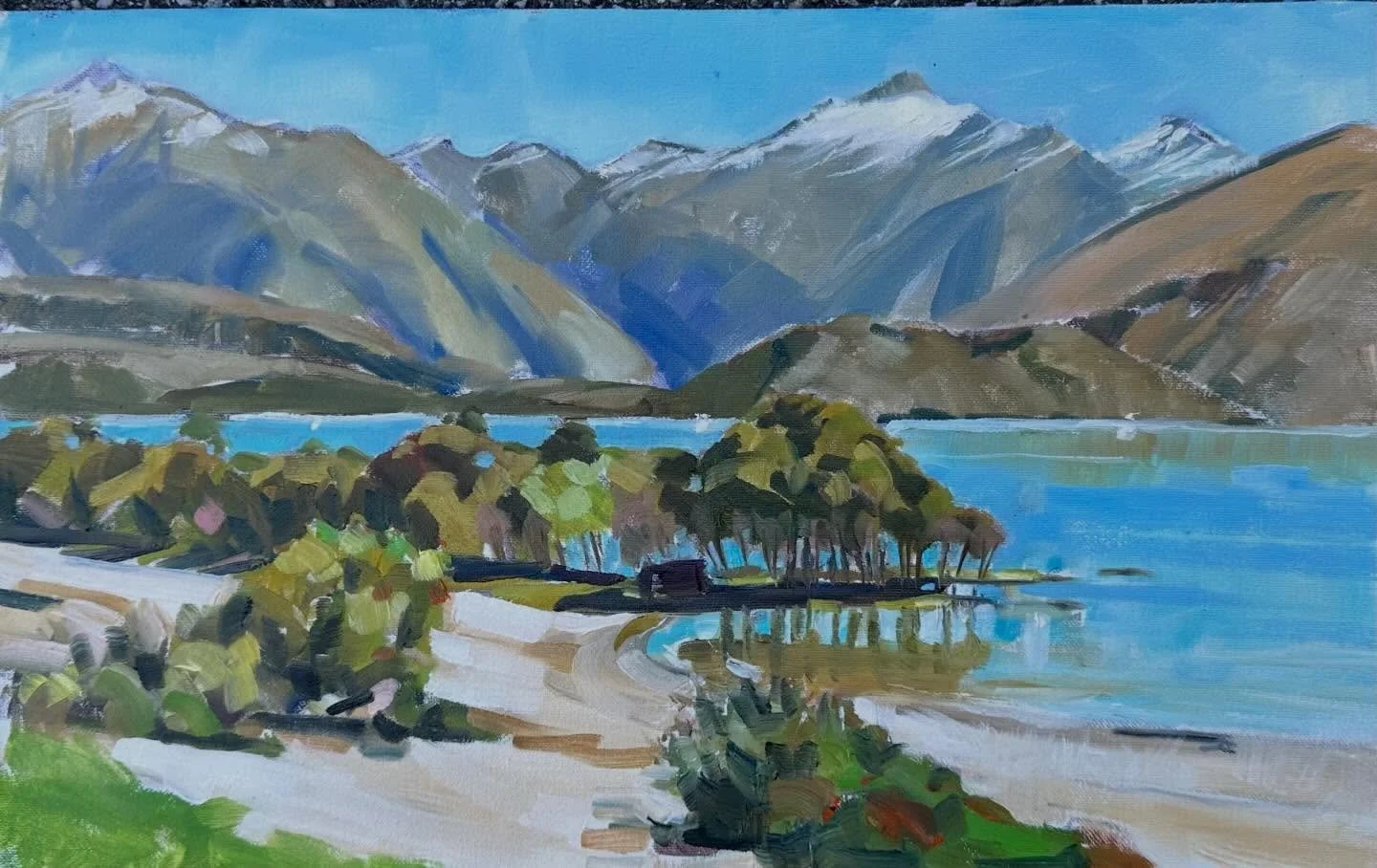 Pleinair at Wanaka yesterday, 27 degrees so needed to b in the shade. South Island New Zealand. Love painting🎨