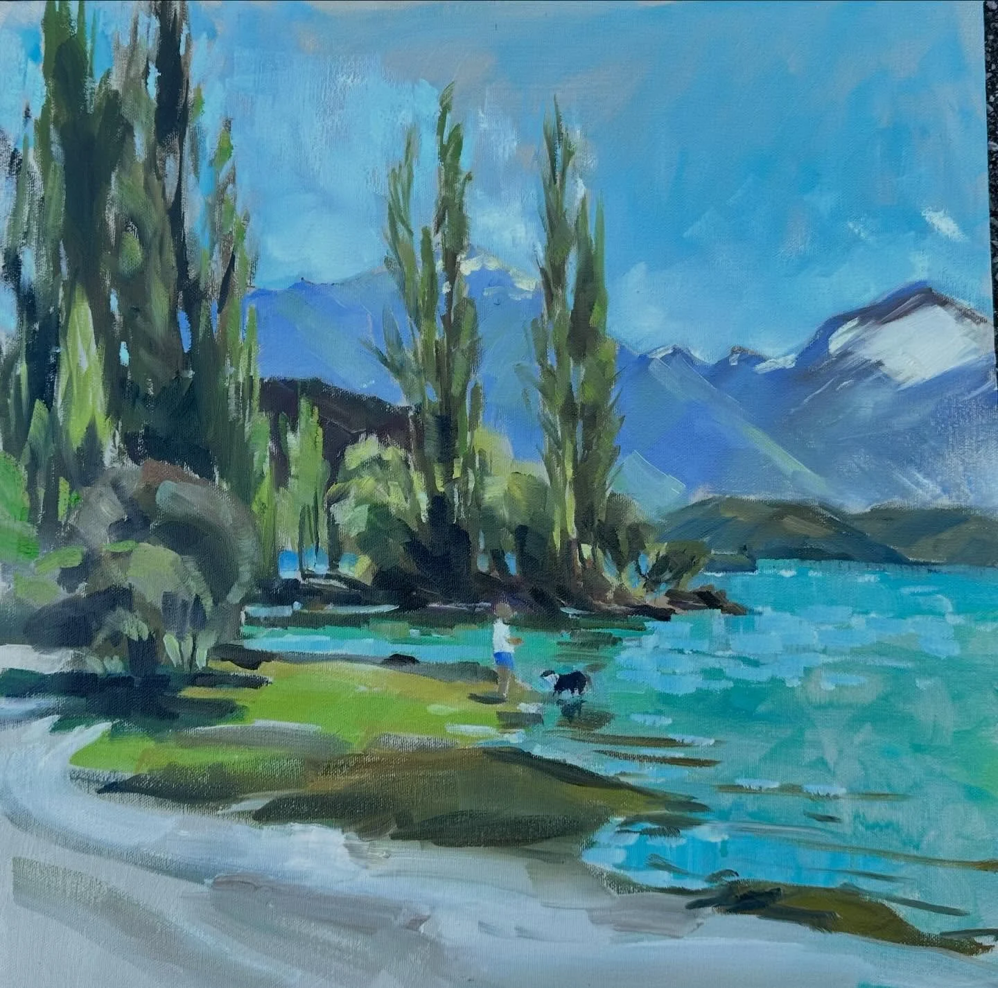 An afternoon in Wanaka by the lake. Sunny, people swimming boating and dog walking. South Island, New Zealand love painting🎨