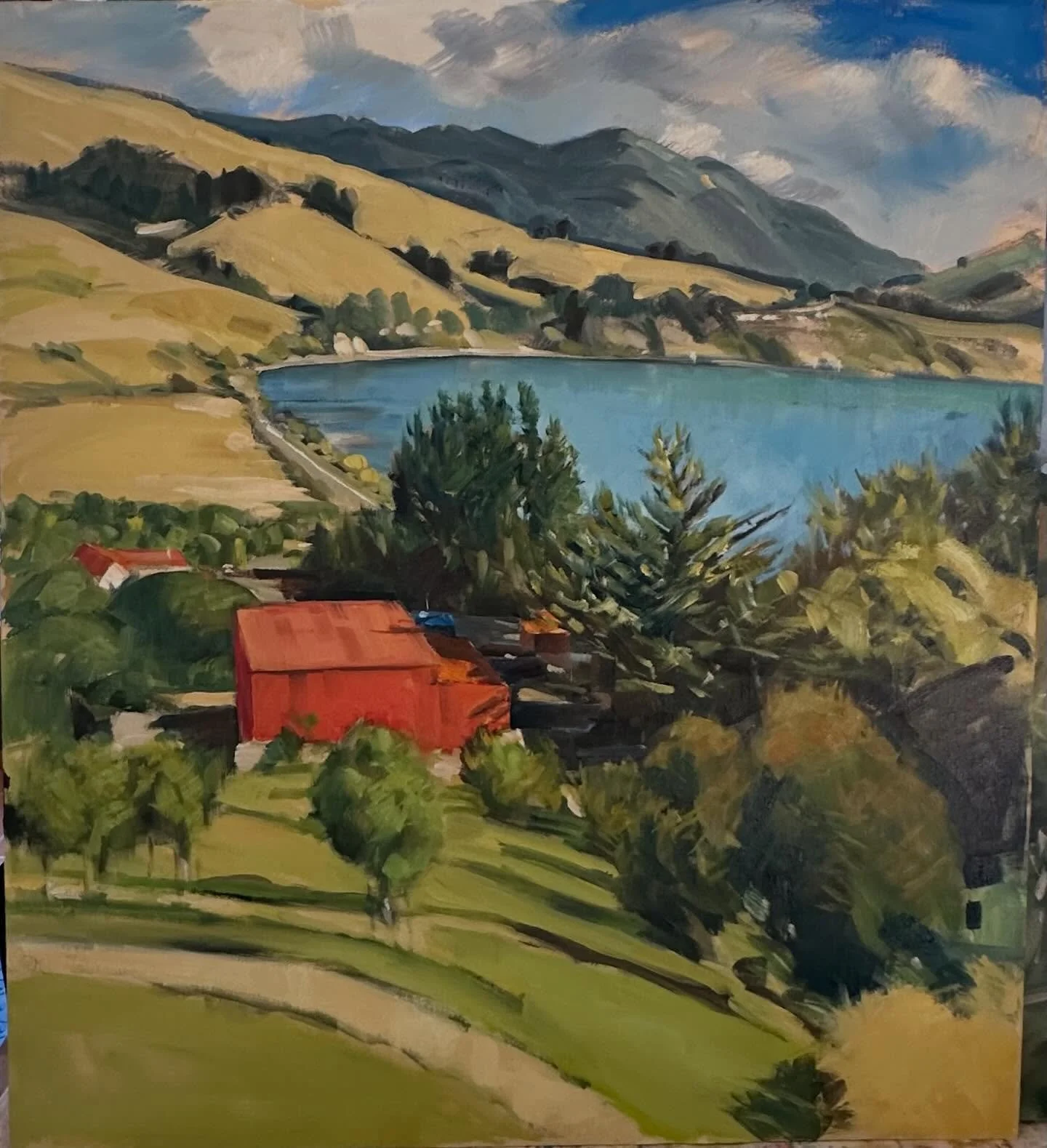 Robinsons bay, awesome view from Mikes place. Tides in and the sun is shining, no wind what more can I ask for. Met this guy by driving up the wrong road and we ended up having a drink from his latest additional cottage with a view! Oil on board fini