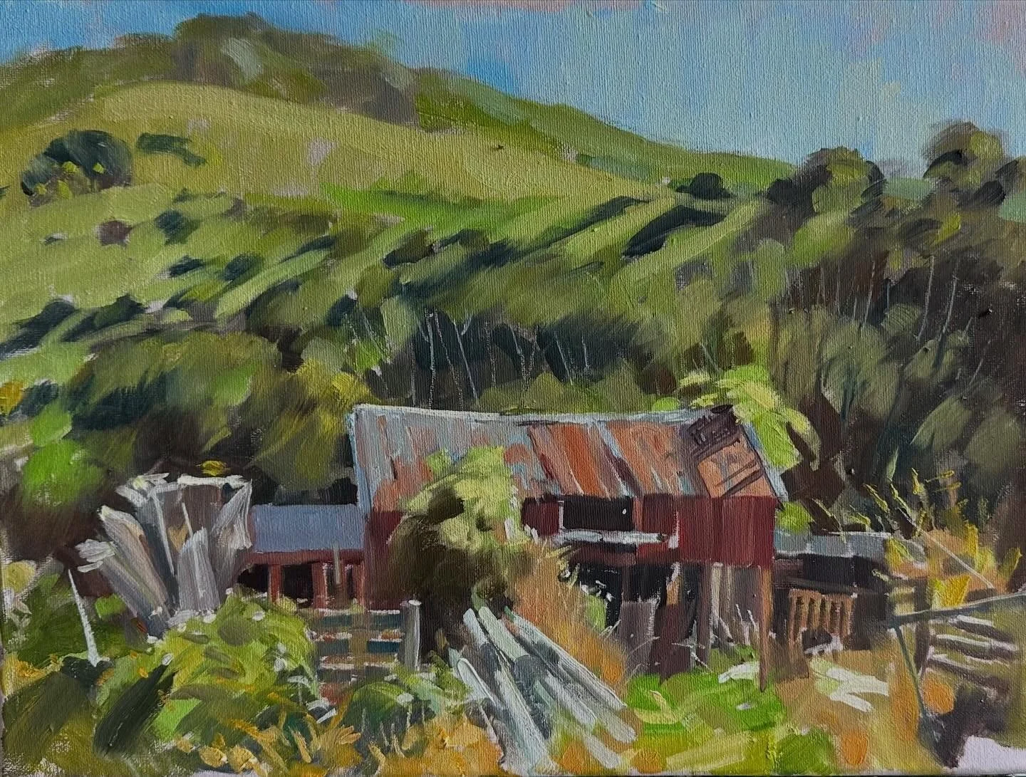 This morning sunny day, now in Autumn so pleasant temperature. Another old barn just had to b painted! Okains bay on the peninsular,love this place&hellip;. Oil pleinair.South Island NewZealand. Lovepainting🎨