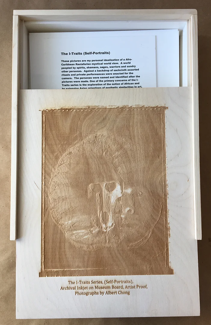 Partially open LASER engraved portfolio box w/ sliding lid
