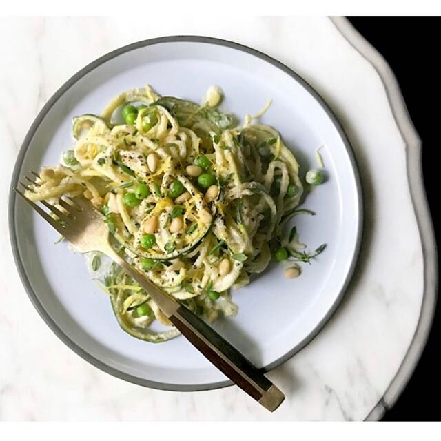 Cashew cream sauce, peas &amp; zucchini noodles. Topped with toasted pine nuts &amp; lots of fresh lemon zest.
A great meal to make when it is crazy hot! 
find the recipe at the link below .
.

https://clearlifeinc.com/spring-cashew-cream-sauce-with-