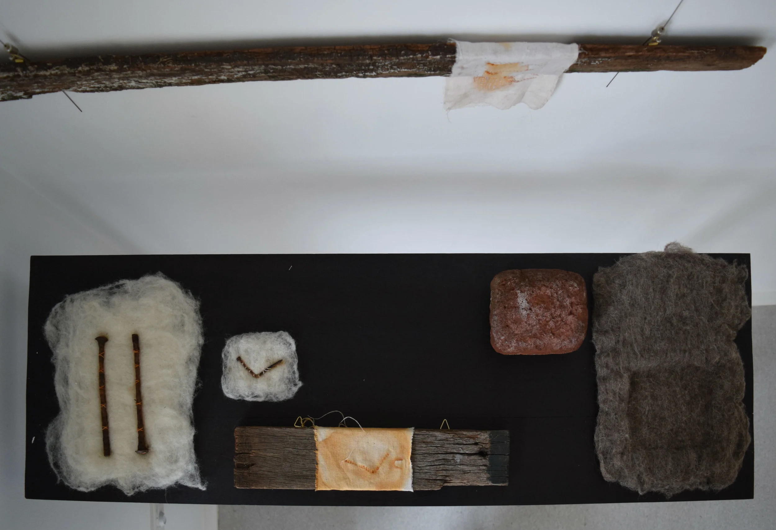   (Left to Right)&nbsp;    Fort,  felted Jacob sheep wool, found screws, 20x30x2cm   Tooth &amp; Nail  , Found jarrah, rust dyed linen, found nail and felted Jacob sheep wool,&nbsp;dimensions variable&nbsp;   Brother , felted Jacob sheep wool, found 