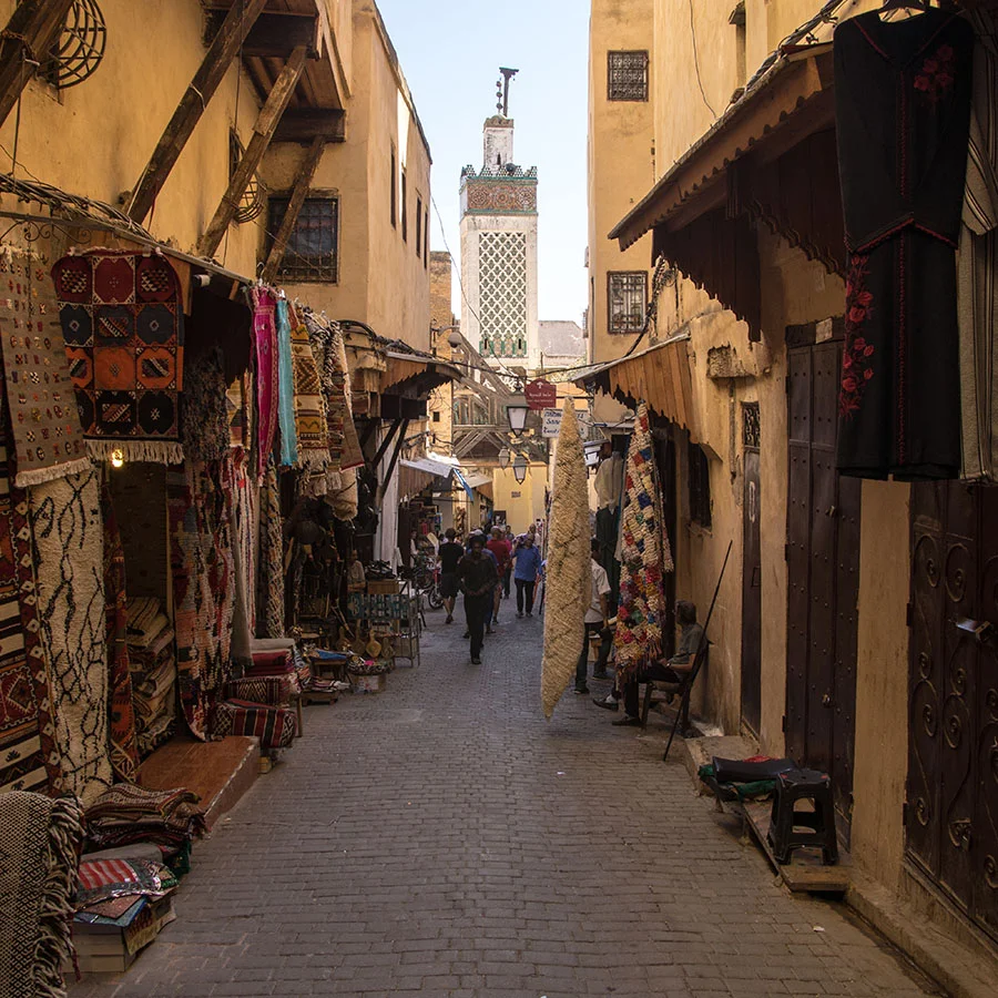 Typical street in the Medina (old City) of Fes, looking towards a minaret at the Mosque Moulay Idriss II, who claims the title of Founder and Leader of Fes, along with his father in the late 700's. Each of the small doors along the alleyway lead to small "studios" where craftspeople often make and sell their goods. Some of these shops are the size of a large closet in the US, but provide all the space needed to make shoes or carve wood. Many are simply "storefronts" where merchants sell goods made elsewhere in Fes.