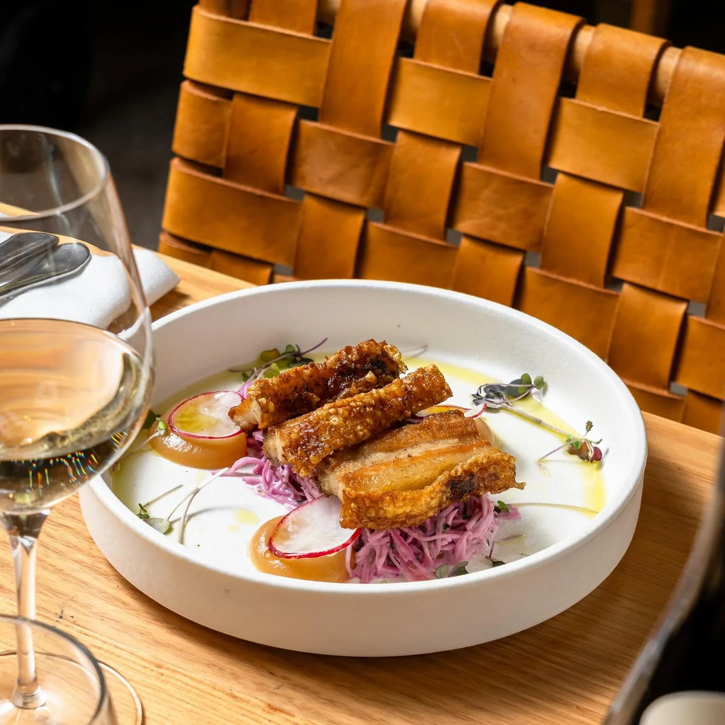 Pork belly, celeriac &amp; red cabbage remoulade, radish, basil oil, apple puree 😋 

Treasury 1860 Restaurant open for dinner Monday to Saturday. 

Bookings essential 

#porkbelly #apple #dinner #foodie #adelaidefood #adelaidefood #adelaiderestauran