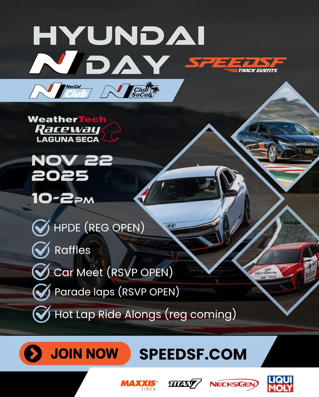 Hyundai N Day at Laguna Seca 🔥
Nov 22nd, the N community takes over one of the most iconic tracks in the world. From full track sessions to parade laps, raffles, ride-alongs, and a dedicated paddock for Hyundai N owners &mdash; this is a day built f