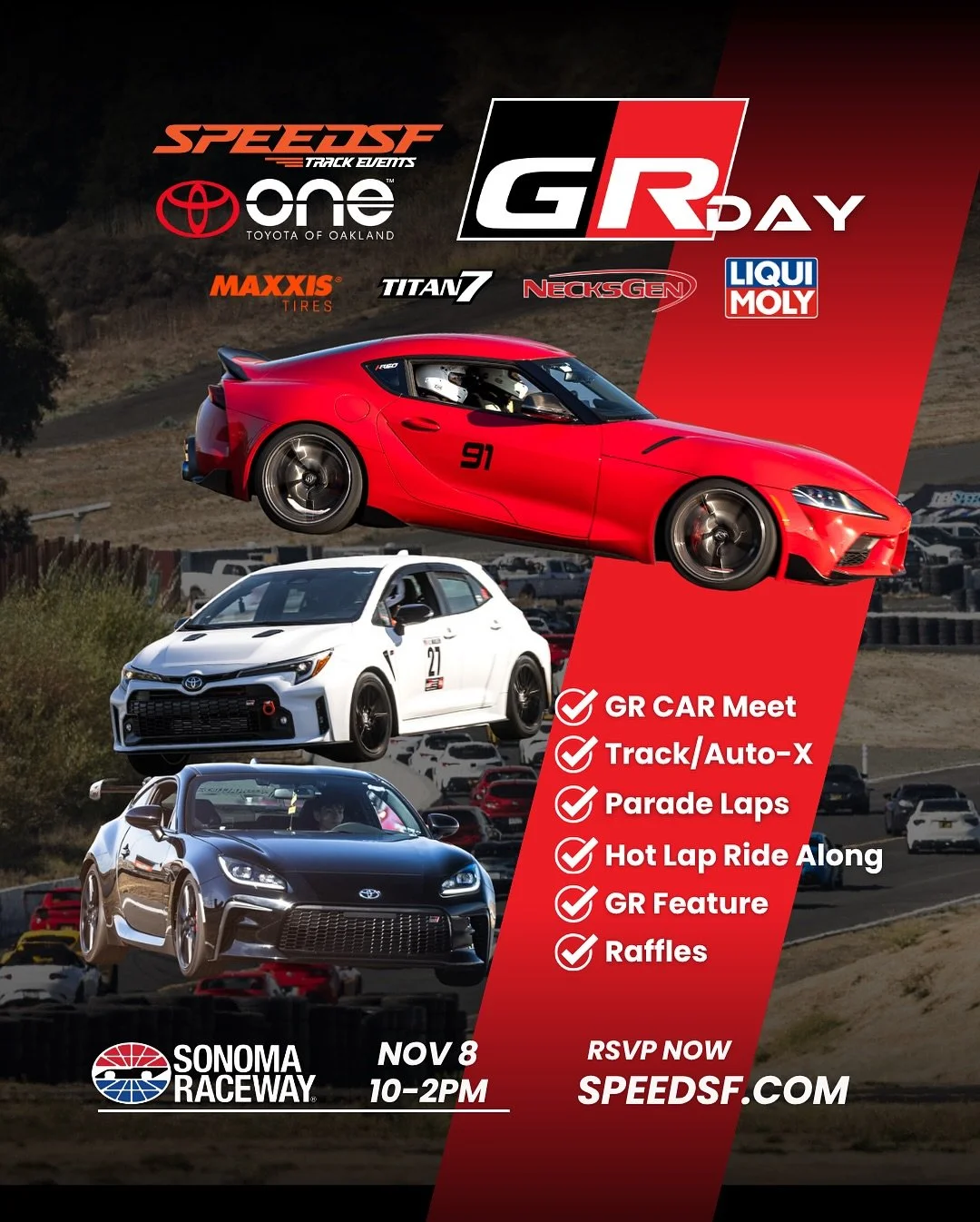 GR owners &mdash; this is your reminder! 🚨
The Annual GR Day is coming up fast &mdash; Saturday, Nov 8th at Sonoma Raceway.

Spots are filling quickly, so don&rsquo;t wait to lock in your place for:
✅ GR Car Meet
✅ HPDE &amp; AutoX Sessions
✅ Parade