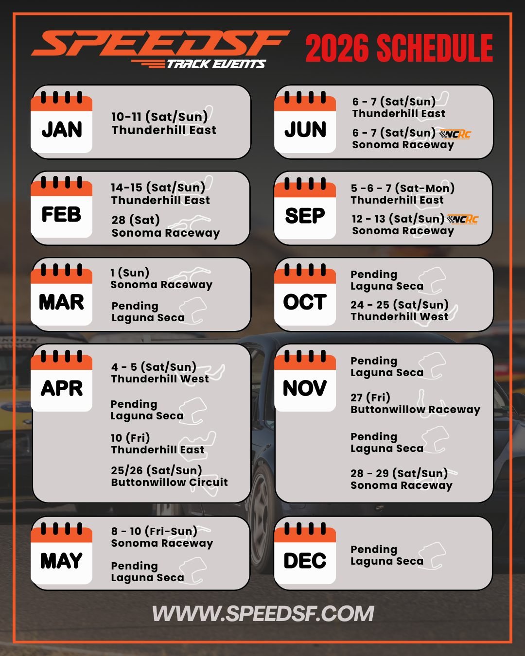 Our 2026 HPDE calendar is officially live.

Test hard this winter, mark your dates, and get ready for another full year on track. Registration is already open through May, so if you&rsquo;re planning ahead, now&rsquo;s the time to lock in your events