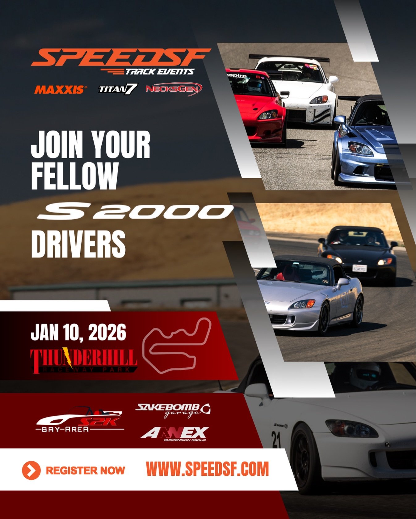 Come join your fellow S2000 drivers at Thunderhill Raceway on January 10, 2026 with @bayareas2k

Sign-ups are now open &mdash; and BayAreaS2000 is aiming to build a dedicated S2000 run group for this event.
If you want to see it happen, register earl