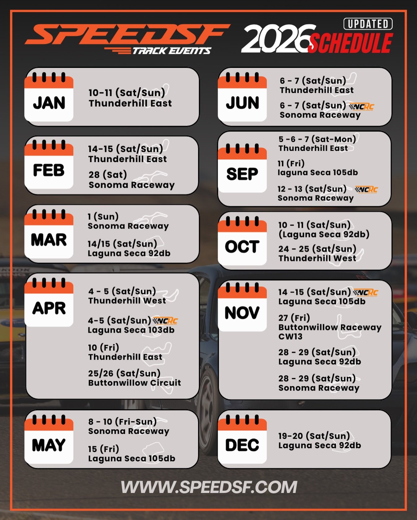 Schedule update &mdash; Laguna Seca dates added!

Our 2026 calendar is officially complete, with Laguna Seca now confirmed. All your NorCal tracks are locked and loaded &mdash; and many dates are already open for registration.

Head to SpeedSF.com to