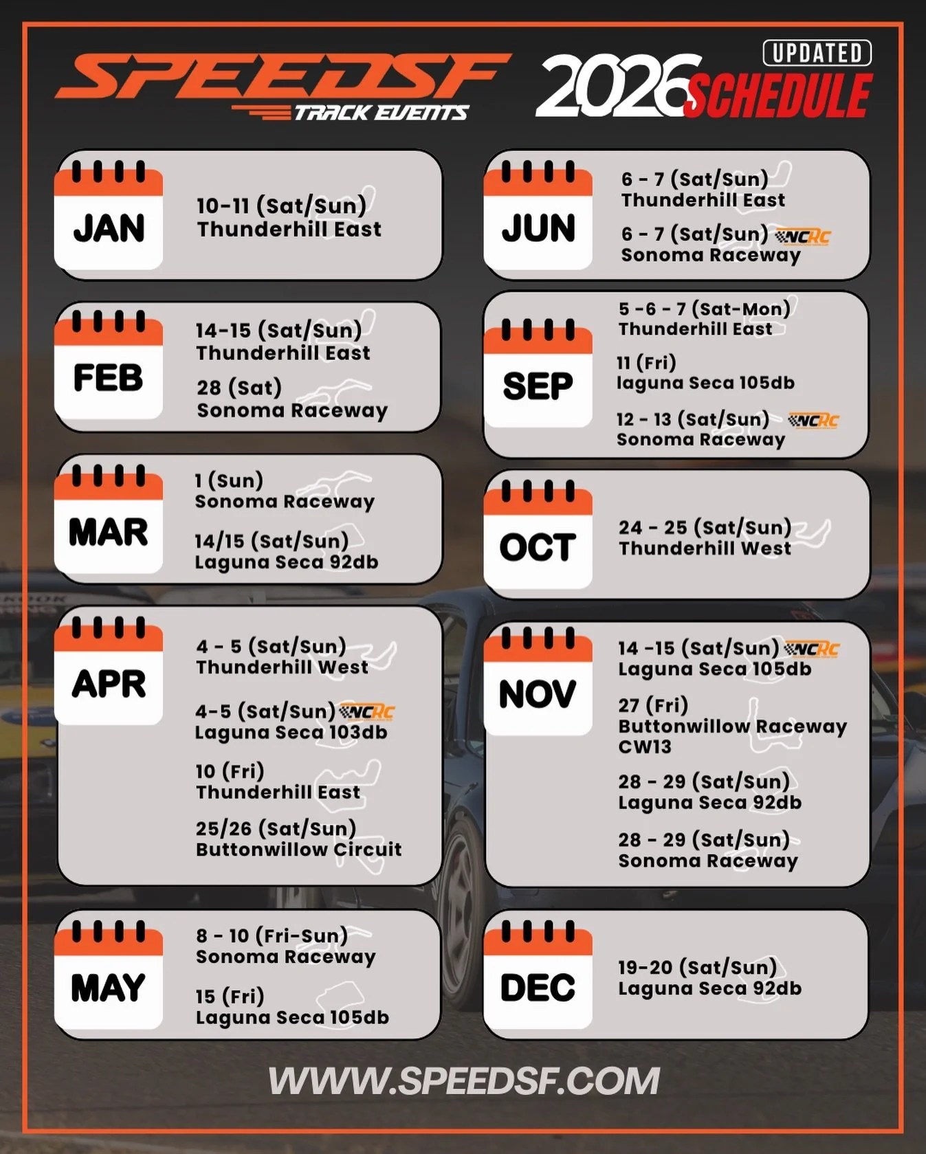 Schedule update &mdash; Laguna Seca dates added!

Our 2026 calendar is officially complete, with Laguna Seca now confirmed. All your NorCal tracks are locked and loaded &mdash; and many dates are already open for registration.

Head to SpeedSF.com to