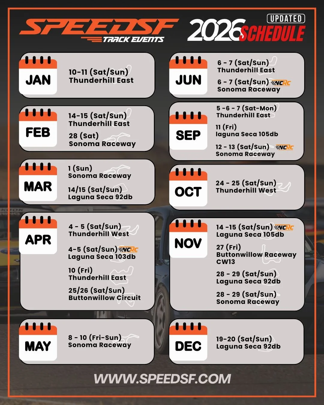 Schedule update &mdash; Laguna Seca dates adjusted.

We&rsquo;ve made some final refinements to our 2026 Laguna Seca dates. The full NorCal calendar is set &mdash; Sonoma, Thunderhill, and Laguna are all locked in &mdash; and many events are already 