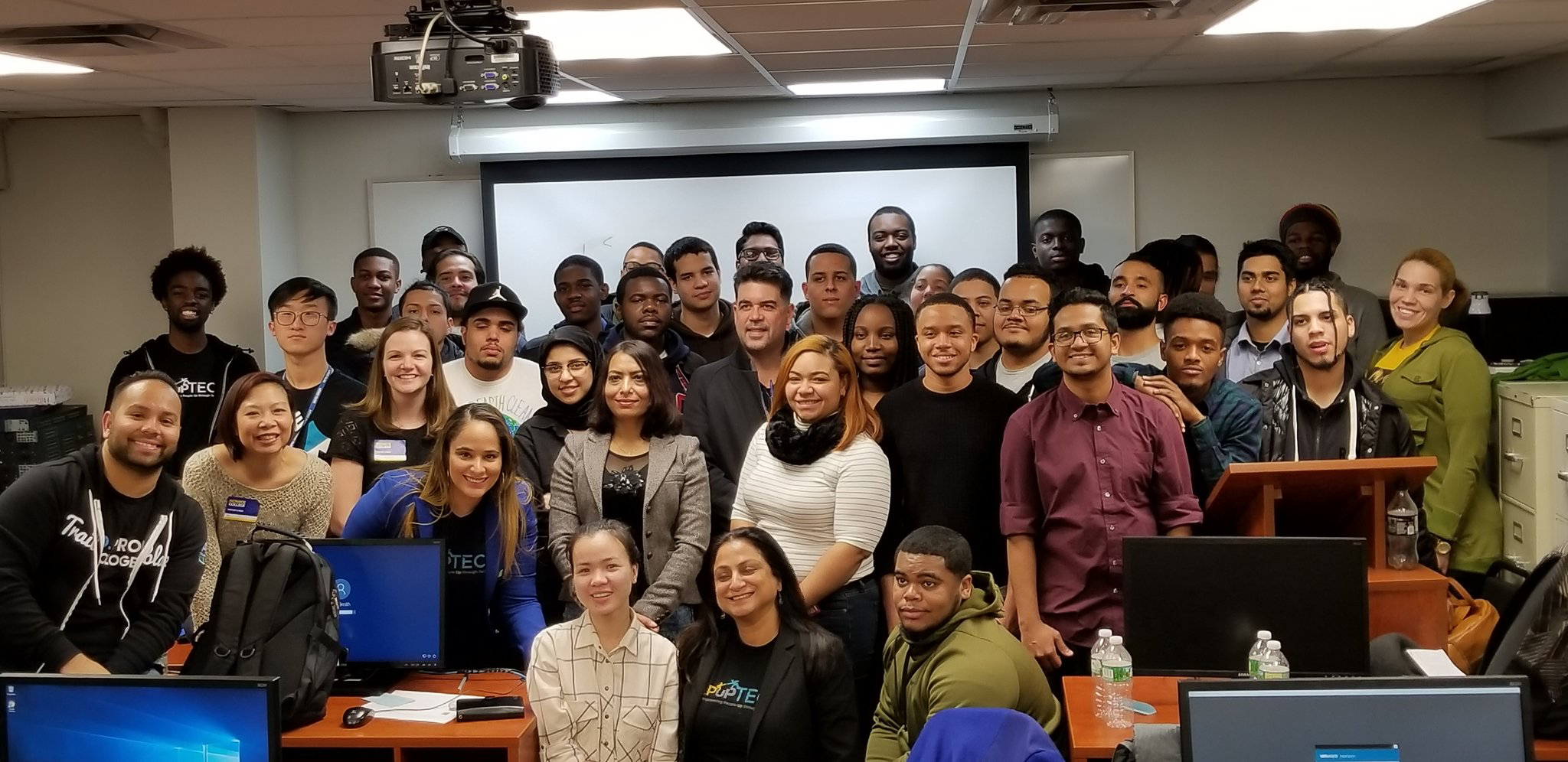  PepUp Tech Boot Camp, Monroe College, New York. NiM’s Shakil Kamran (front Row Left) and Saray Rosales (front row third from left, in Blue) are PepUp Tech Alumni, who volunteered at the recent PepUp Tech Bootcamp. 