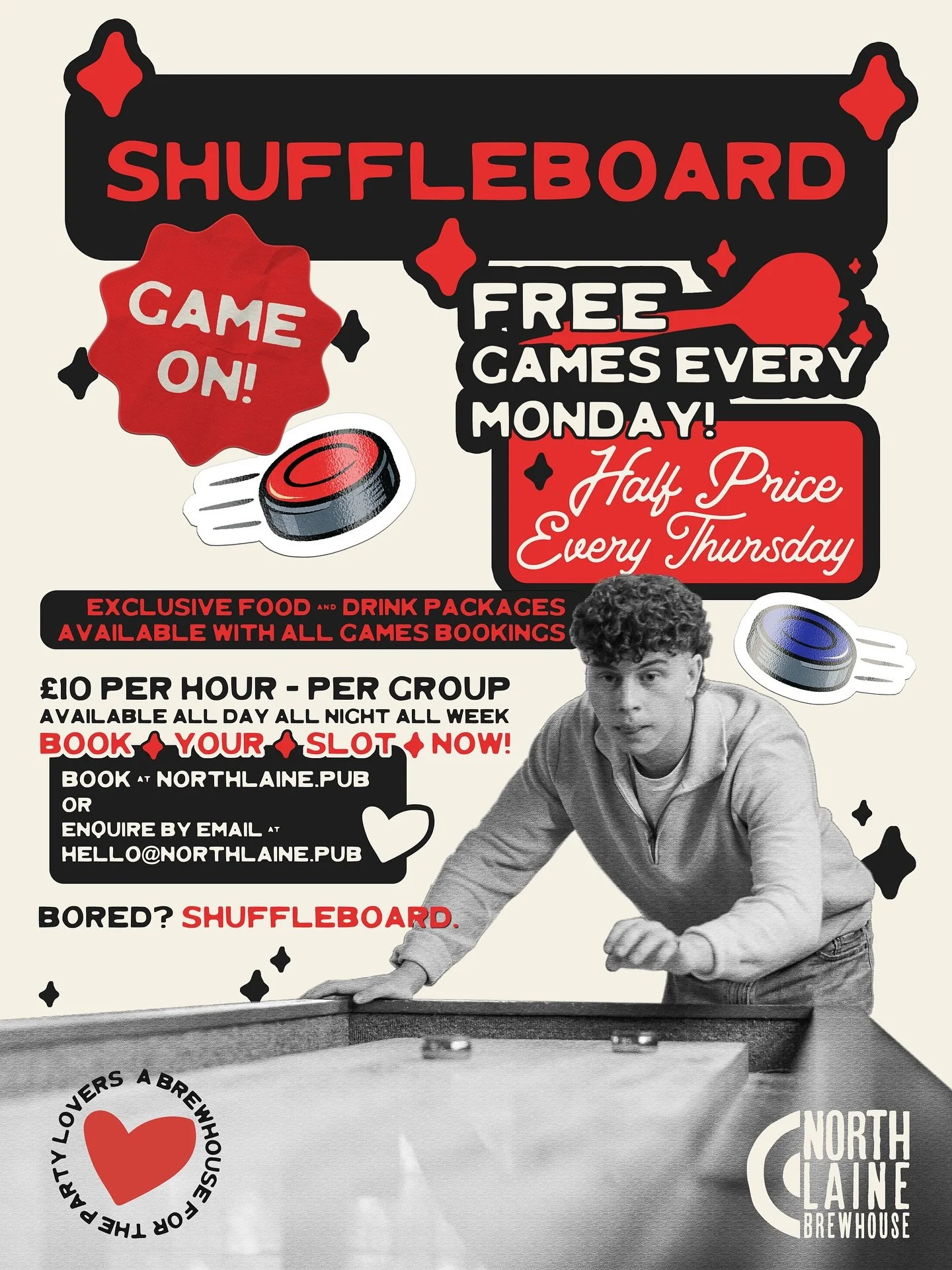 🎯 Thursdays just got competitive! Every Thursday all games are half price across darts, shuffleboard, and pool (and don&rsquo;t forget, every Monday it&rsquo;s completely free to play 👀)

💚💛❤️ Tonight we&rsquo;re turning up the nostalgia with a R