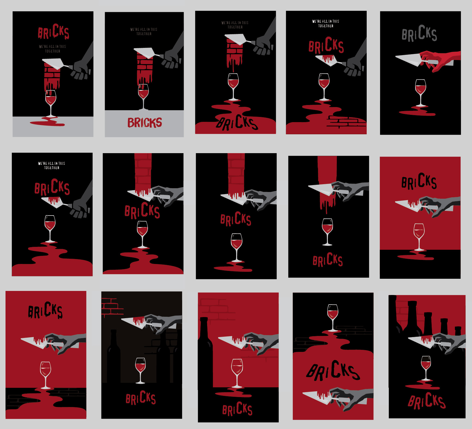 A selection of iterations for the Bricks poster. While all the elements were already here (except the billing block and tagline) and the color scheme was pretty much defined, we were still searching for that final layout that looked just right.