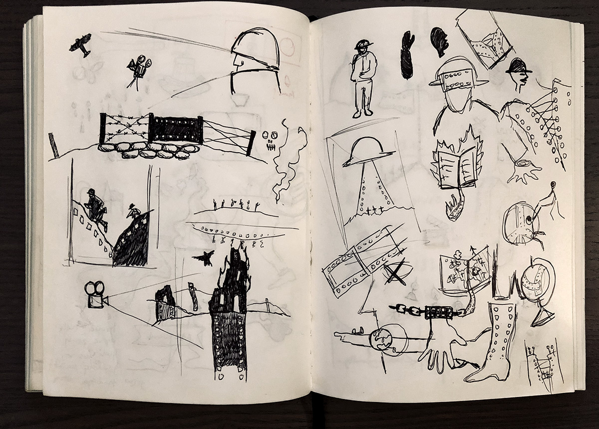 A spread from my sketchbook shows the early phase of exploring random ideas. This is for my eyes only…