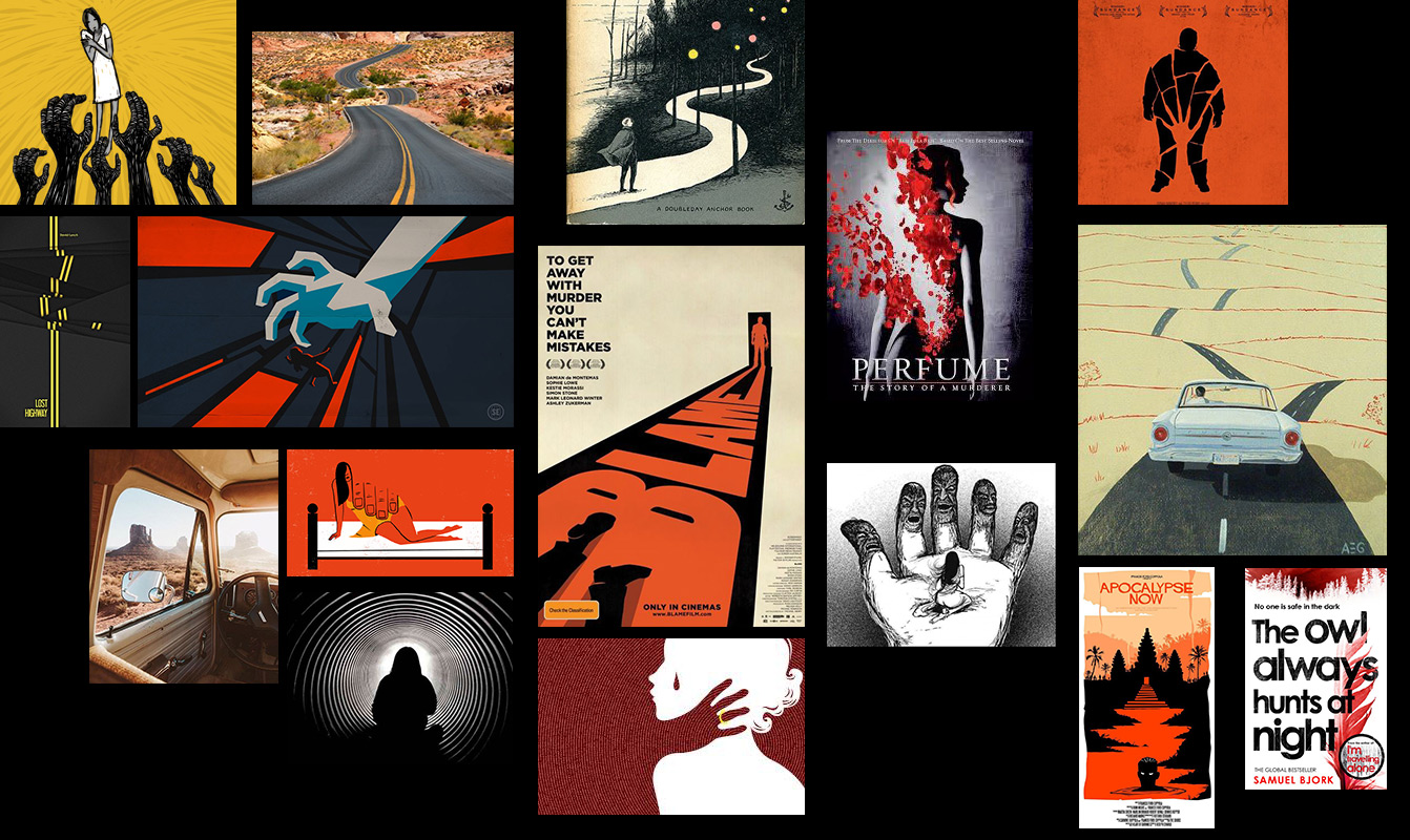 A mood board for one of the projects. Some elements are here because of their concept, some because of their visual style, and some are reference images for my own illustration.