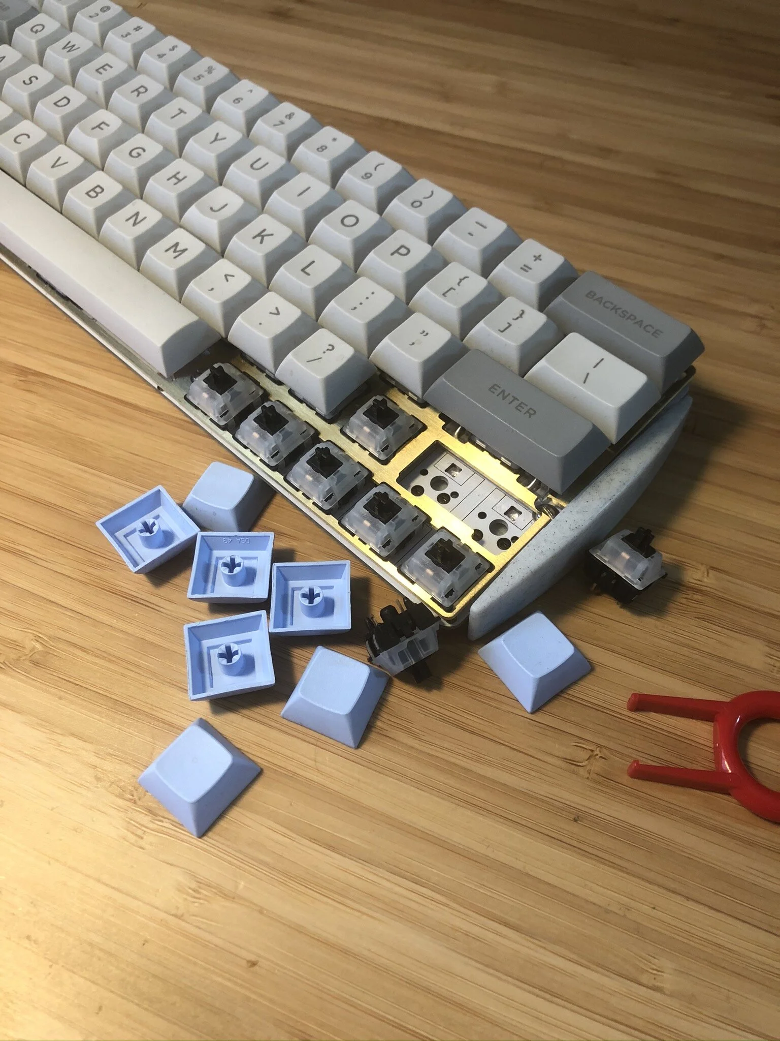  I chose a hot-swap 60% PCB, because I wanted the freedom to change switches for individual keys. I also chose linear switches, because my desk is close to others, and I wouldn’t want to bother them with overly loud clicky switches. I used Gateron Mi