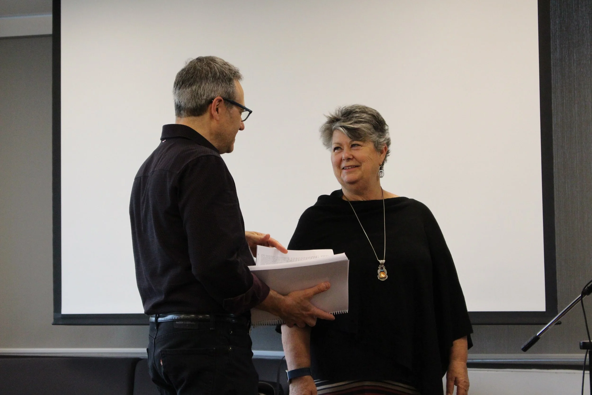Rob Simon, Director of the Toronto Writing Project, with Linda Christensen at the 2017 TWP Spring Institute.