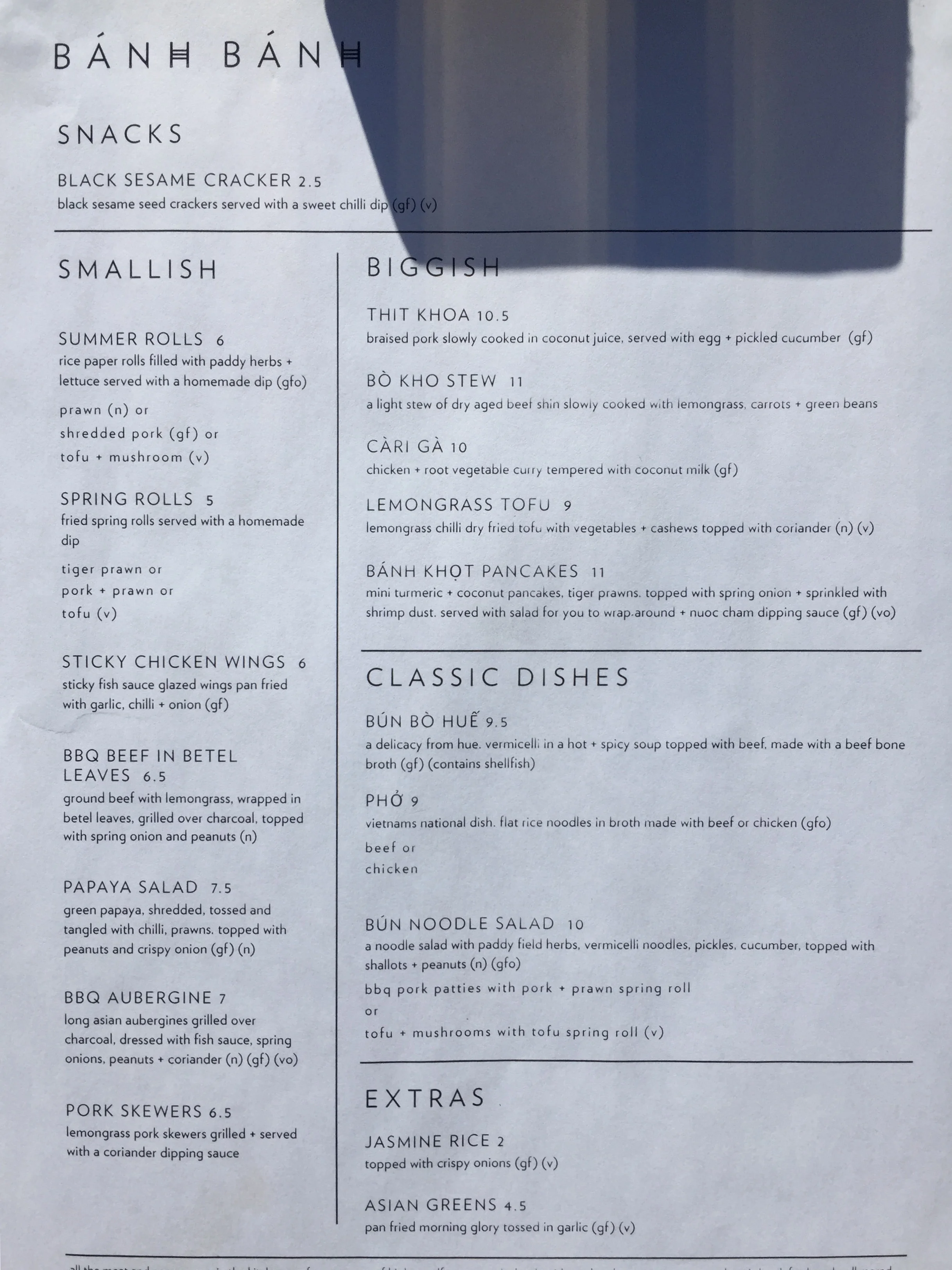 Current menu - we were told that desserts will still be added here