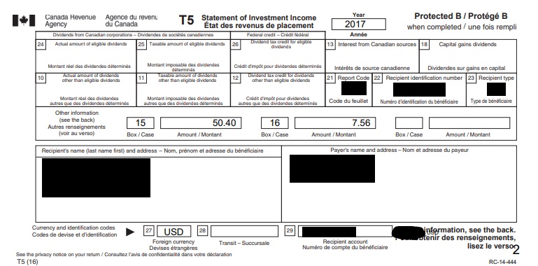  Example T5 slip showing the effect of US withholding taxes on dividends 