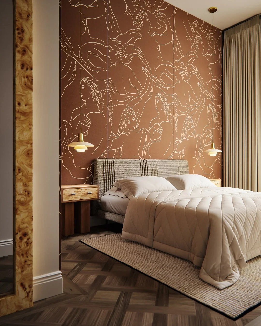 Master sp&aacute;lňa s k&uacute;peľňou. 

Za nen&aacute;padnou stenou v chodbe sa skr&yacute;va &bdquo;tajomstvo&ldquo; - s&uacute;kromn&aacute; z&oacute;na majiteľky bytu. 
Sp&aacute;lňa, &scaron;atn&iacute;k a k&uacute;peľňa tvoria harmonick&yacute